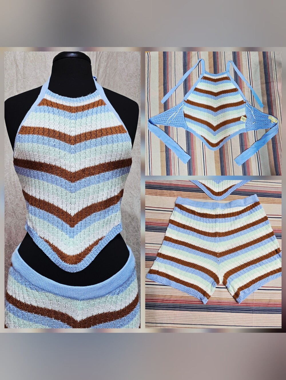 No Comment NY.LA Crochet Knit 2 Piece Set Halter & Shorts Size Large adjustable